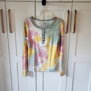 Hem Thread Shirt Womens M Tie Dye Green Yellow Purple Ribbed  Long Sleeve